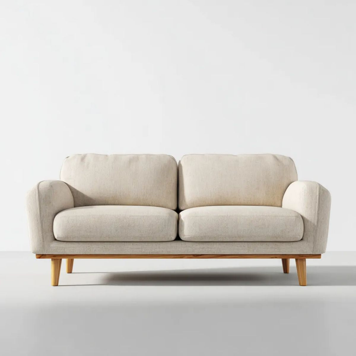 Sofa dwuosobowa beżowa z tapicerką poliestrową i drewnianą ramą, 160 x 85 x 82 cm