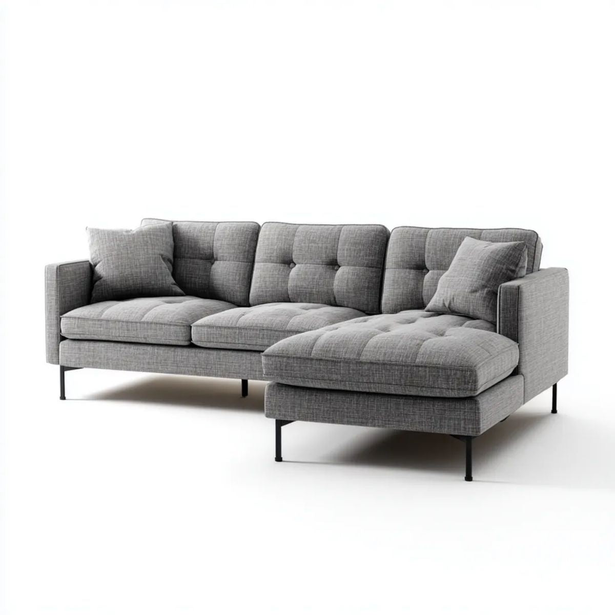 Szara sofa narożna w kształcie L z prawostronnym szezlongiem, tapicerowana poliestrem, 260 × 160 × 86 cm