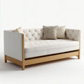 Dwuosobowa sofa kremowa z tapicerką poliestrową i ramą z litego drewna, 150 x 78 x 78 cm
