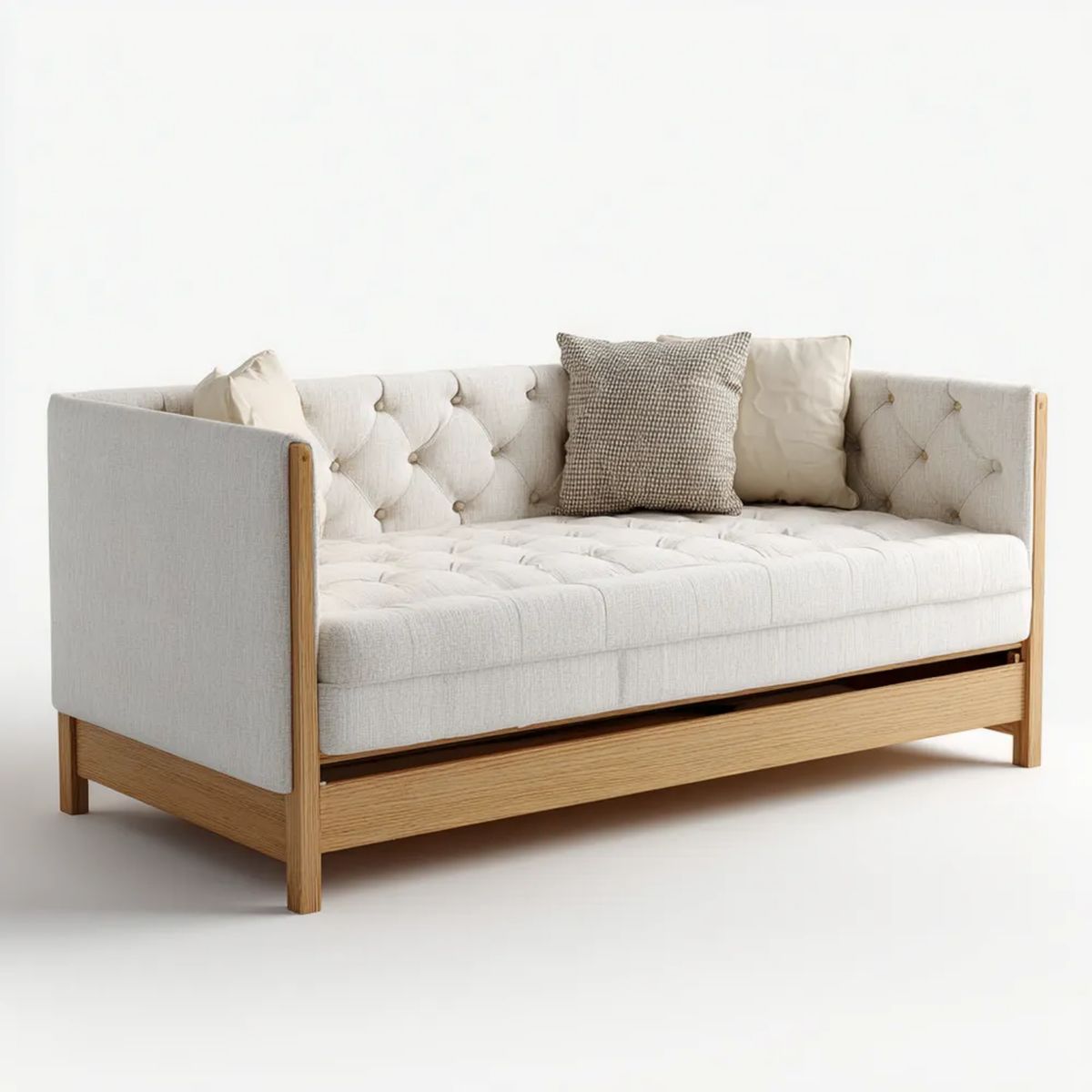 Dwuosobowa sofa kremowa z tapicerką poliestrową i ramą z litego drewna, 150 x 78 x 78 cm