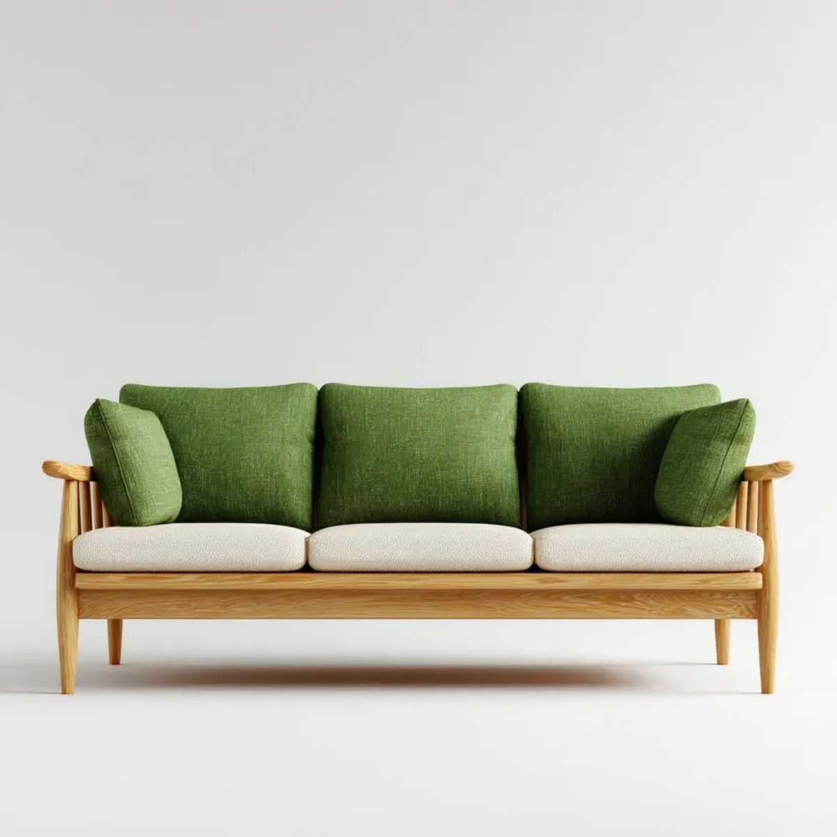 Trzyosobowa sofa zielono-kremowa z drewna i poliestru, 180 x 75 x 78 cm