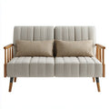 Dwuosobowa sofa beżowa z tapicerką poliestrową, drewnianymi podłokietnikami i brązowymi poduszkami, 130 x 75 x 85 cm
