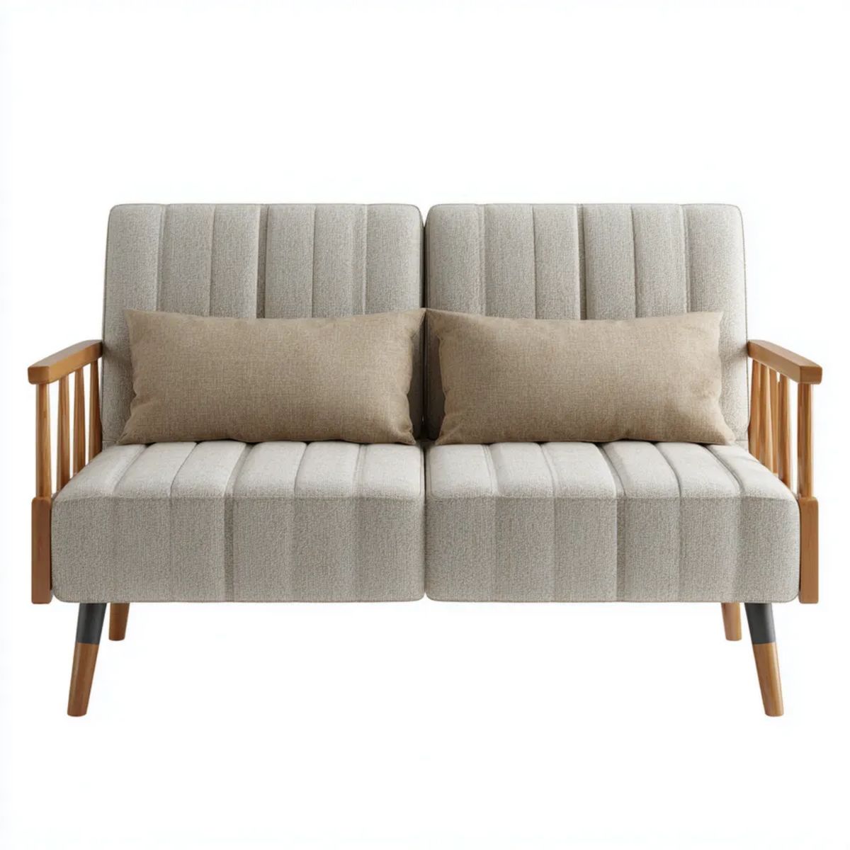 Dwuosobowa sofa beżowa z tapicerką poliestrową, drewnianymi podłokietnikami i brązowymi poduszkami, 130 x 75 x 85 cm