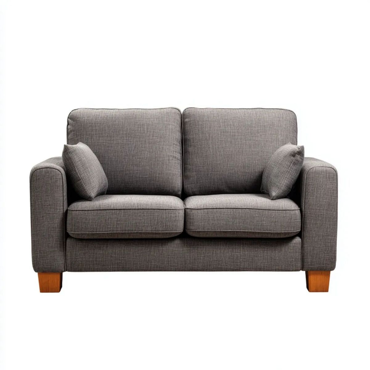 Szara sofa dwuosobowa z tapicerką poliestrową, 150 × 85 × 85 cm, z brązowymi drewnianymi nogami