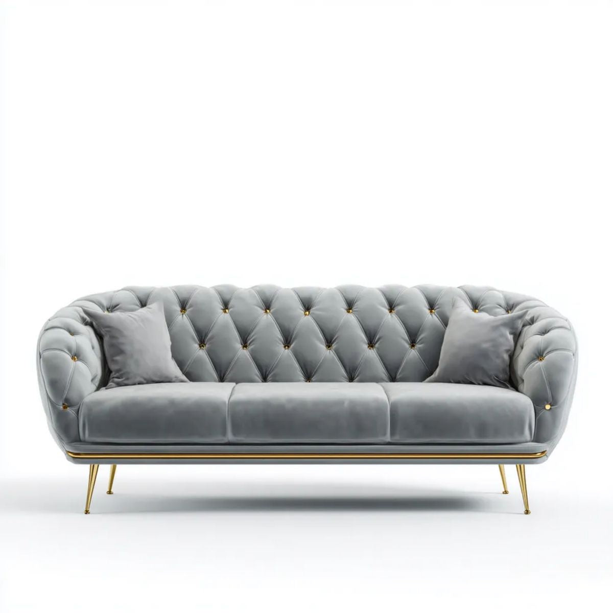 Trzyosobowa sofa szara ze złotymi detalami, tapicerka poliestrowa, 220 x 90 x 78 cm