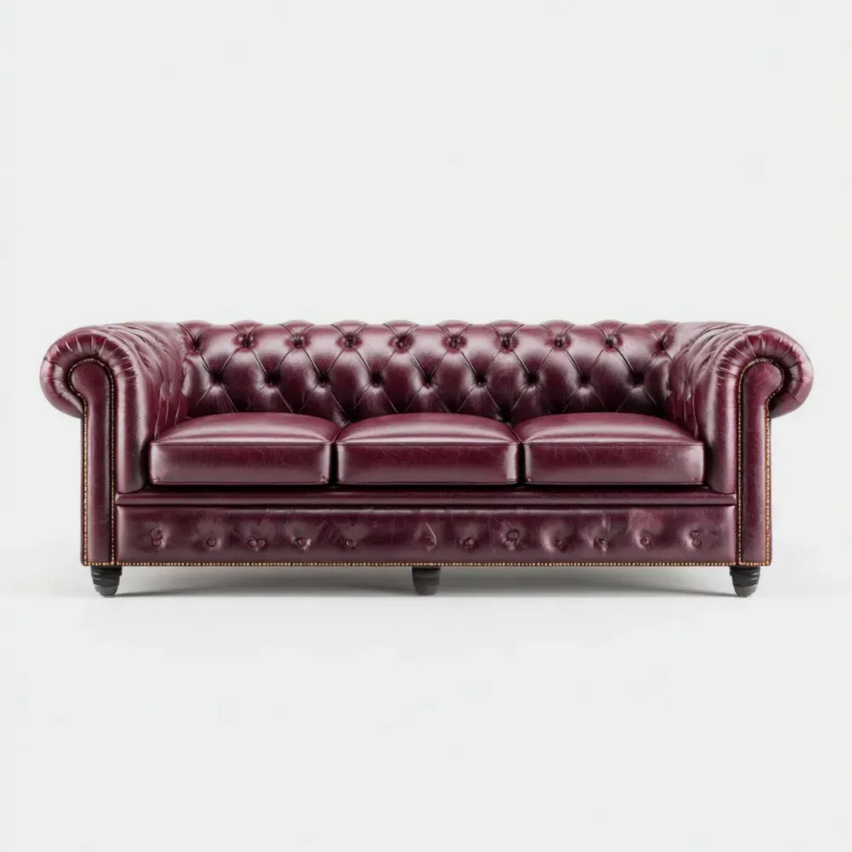 Sofa Chesterfield 3-osobowa z ekoskóry, bordowa, 220 x 90 x 75 cm