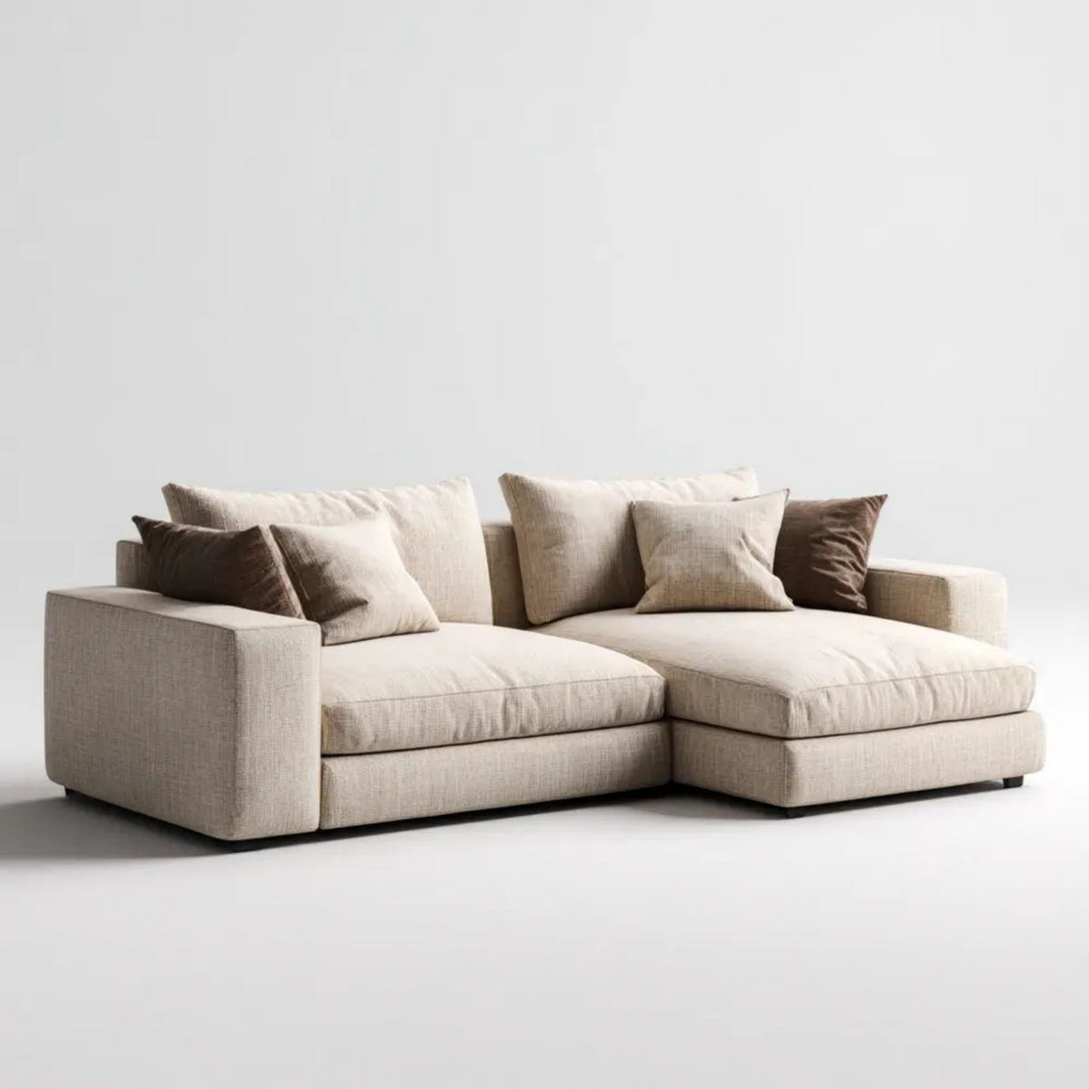 Beżowo-brązowa sofa narożna w kształcie L z tapicerką poliestrową, prawostronna, 260 x 170 x 85 cm