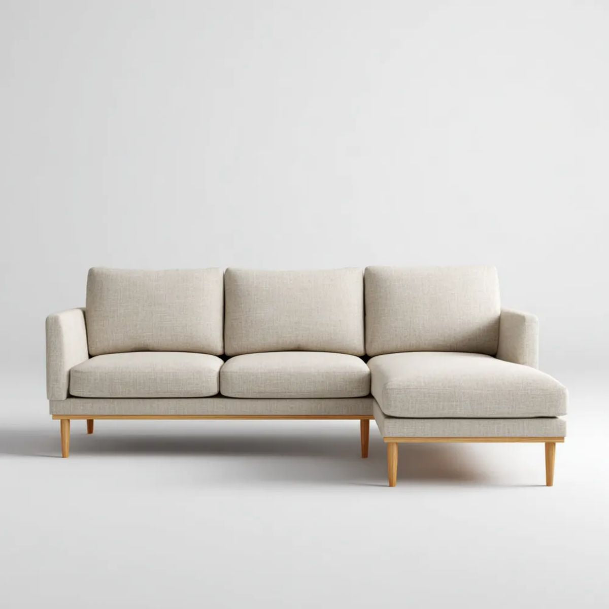 Beżowa sofa narożna z prawostronnym szezlongiem, tapicerka poliestrowa, 230 × 150 × 85 cm