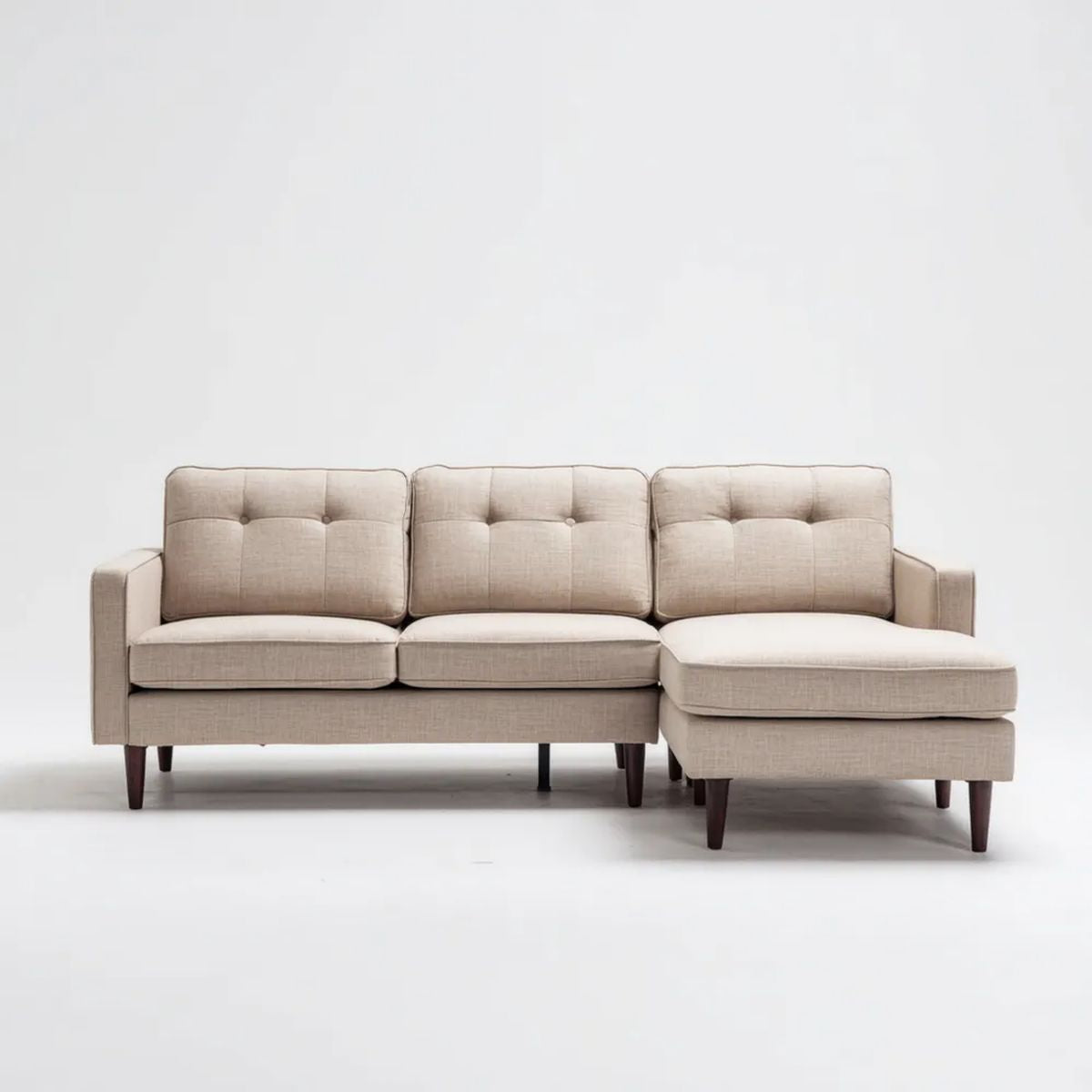Beżowa sofa narożna 3-osobowa z szezlongiem, tapicerowana poliestrem, 230 × 150 × 85 cm, kształt L