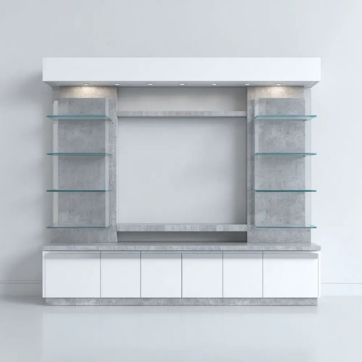 Ścienny zestaw mebli RTV z płyty MDF i szkła, biały/szary beton, 240 x 40 x 210 cm