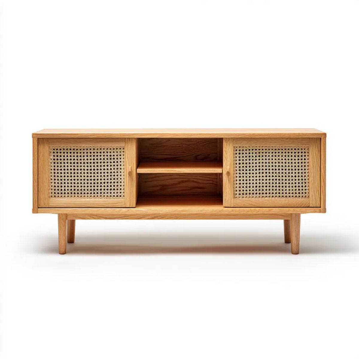 Szafka RTV z drewna dębowego z plecionką rattanową, naturalna, 140 x 55 x 40 cm