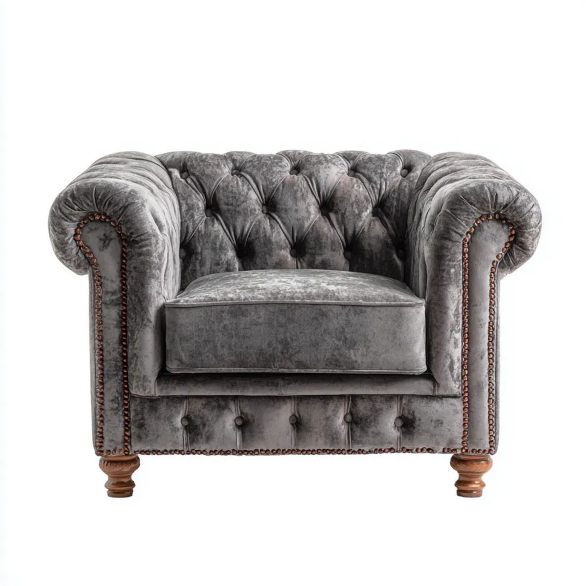 Fotel Chesterfield z aksamitu poliestrowego, szary/brązowy, 110 x 90 x 75 cm